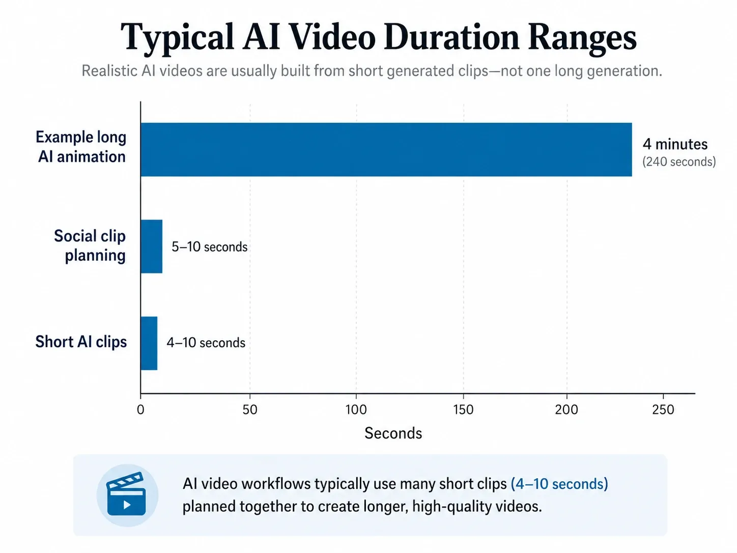Bar chart comparing realistic AI video clip durations, including 4–10 second clips, 5–10 second social clips, and a 4-minute AI animation example..webp