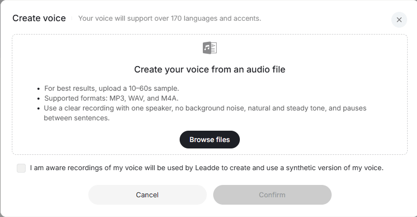 Upload an audio clip longer than 10 seconds to generate your AI voice..png