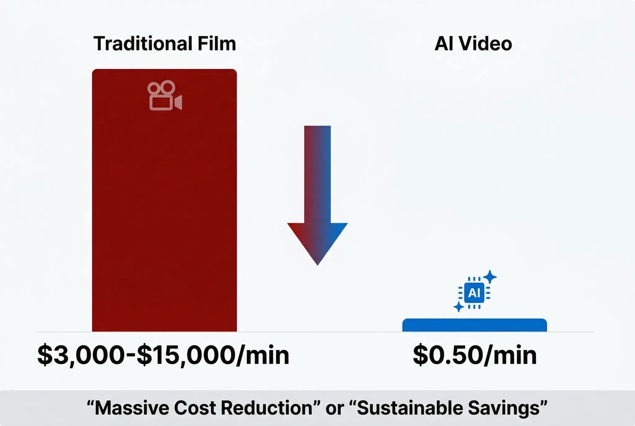 highlighting the cost savings of AI video in healthcare, contrasting traditional production costs of $3,000-$15,000 per minute with AI costs as low as $0.50 per minute, illustrating a massive reduction in expenses.