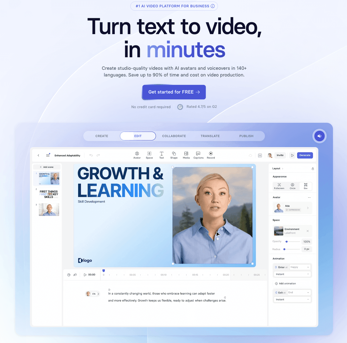 Synthesia: best for videos with AI avatars and voiceovers