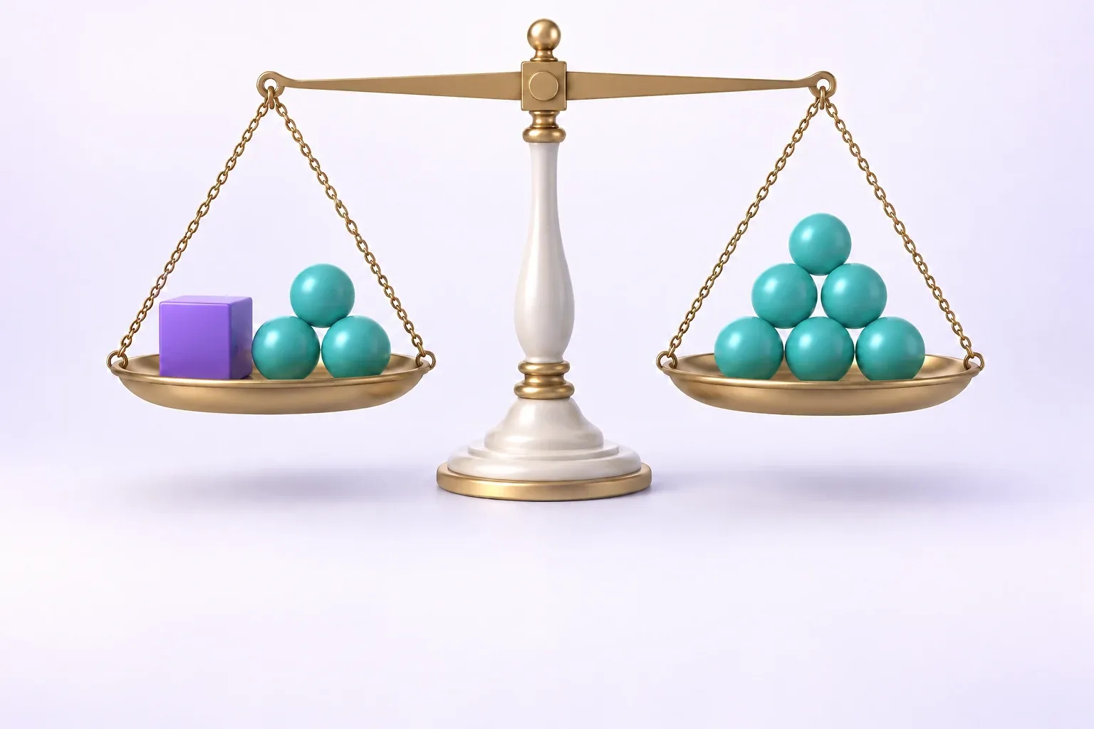 Concept illustration of a balance scale with coloured algebra tiles and counters.