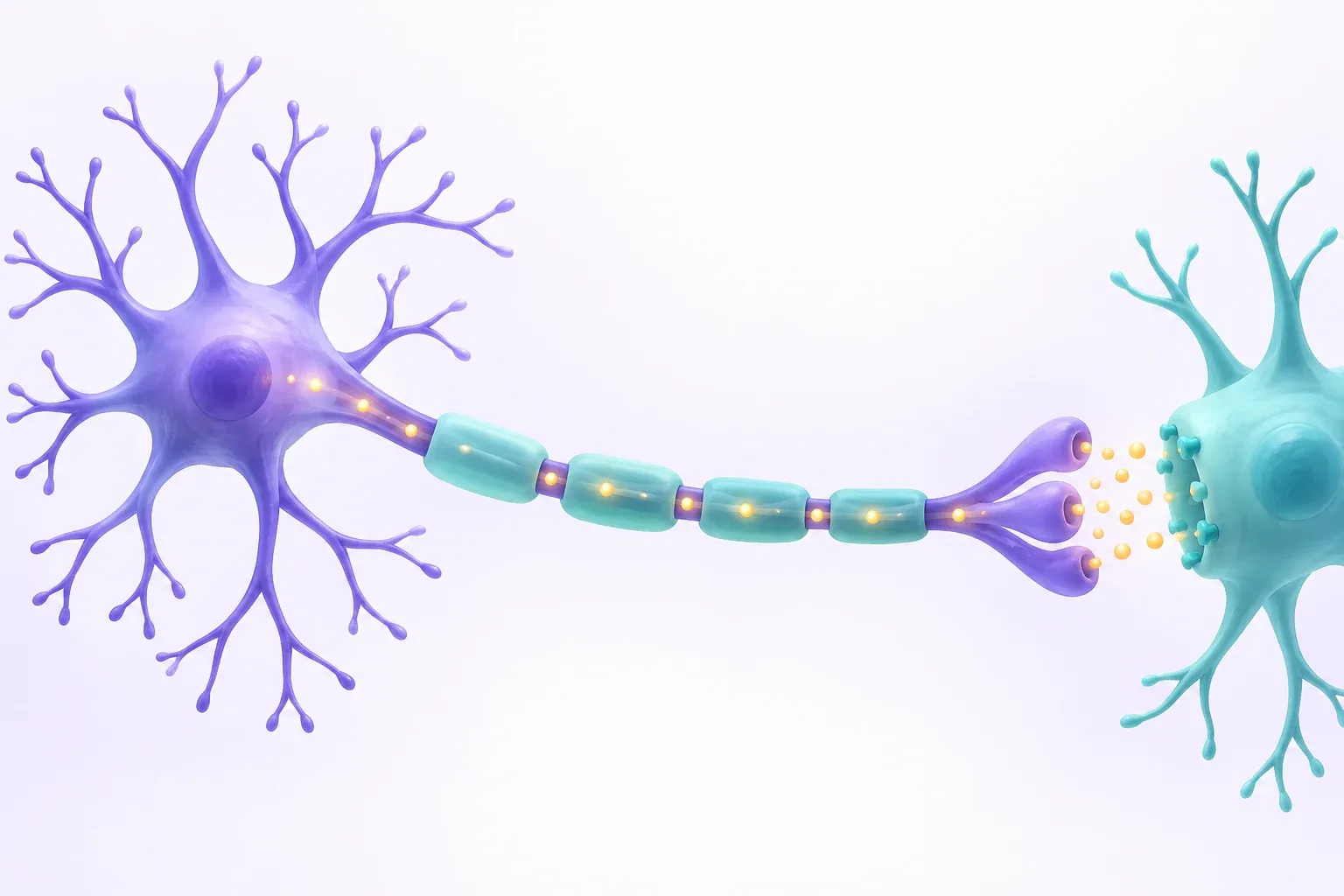 Concept illustration of a simplified neuron, axon, and synaptic connection.