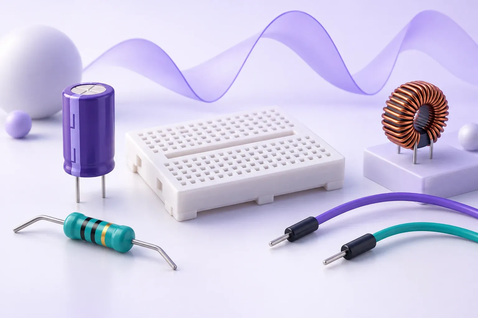 Concept illustration of disconnected electronic teaching components and a signal-shaped ribbon.