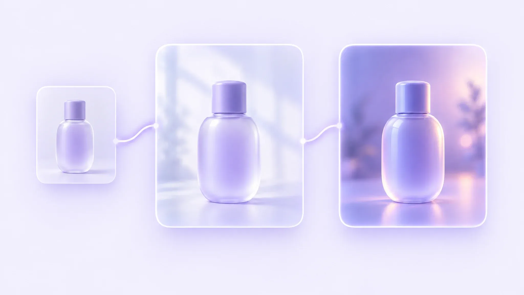Reference photo card feeding two generated variants of the same bottle