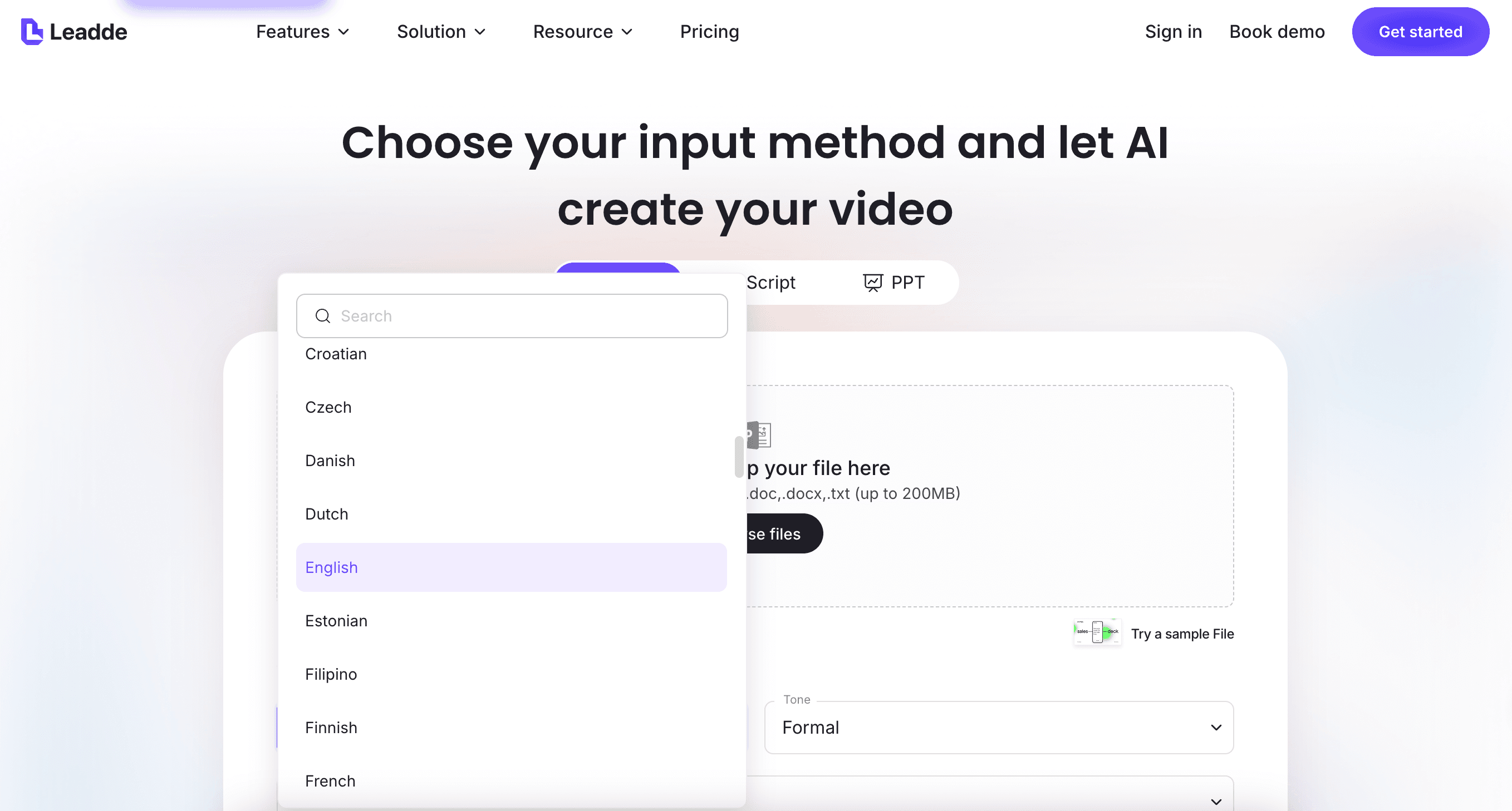 Leadde language and tone settings interface for multilingual video generation and localization.