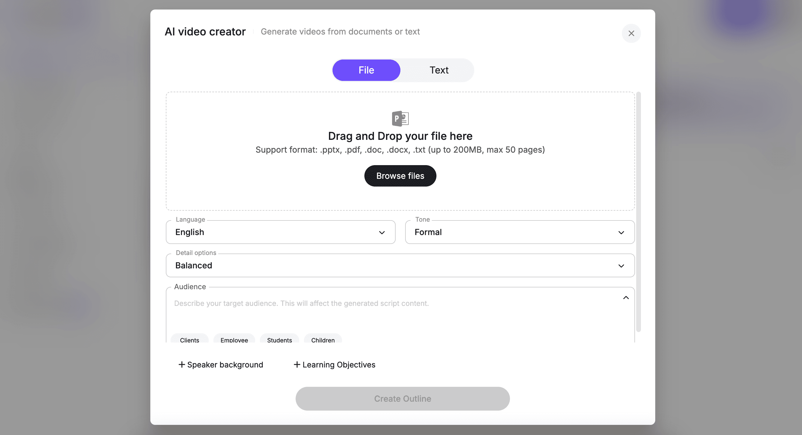 Leadde document-to-video interface for converting PPT and PDF files into professional marketing videos.