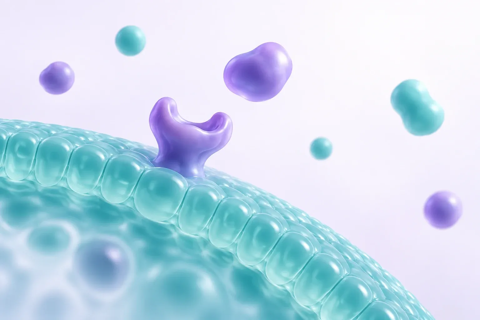 Concept illustration of a simplified membrane, receptor-like form, and floating molecular shapes.