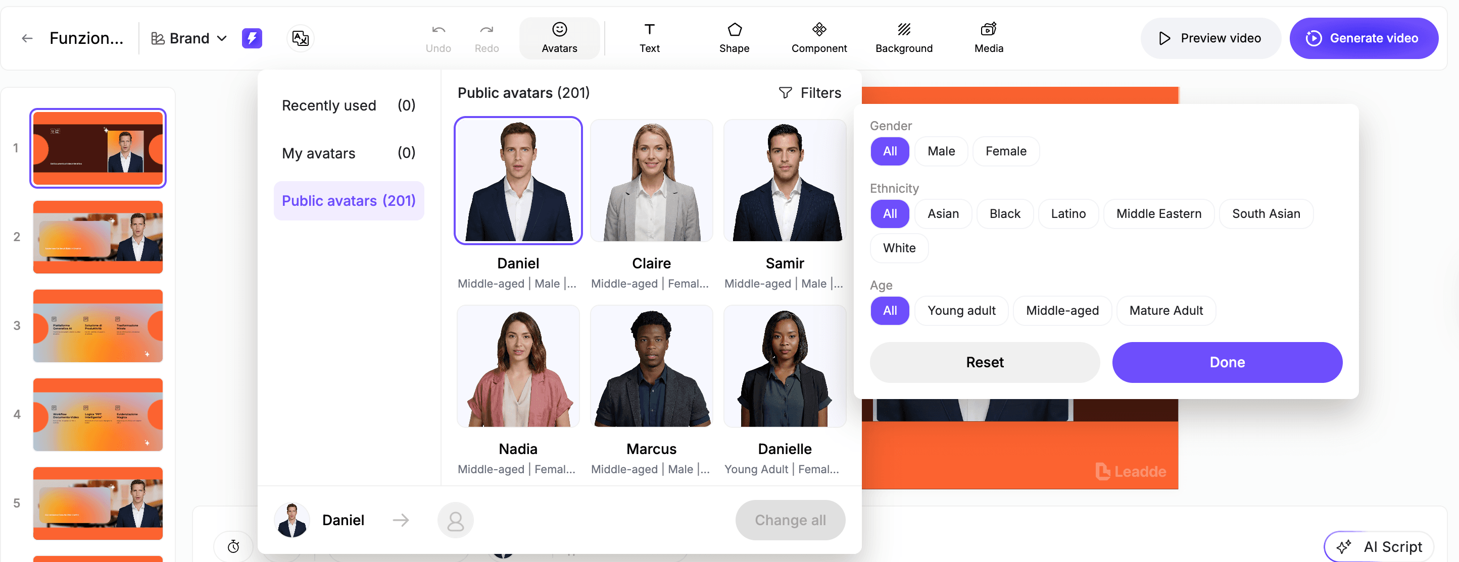 Leadde library of over 200 lifelike AI avatars for professional business video narration.