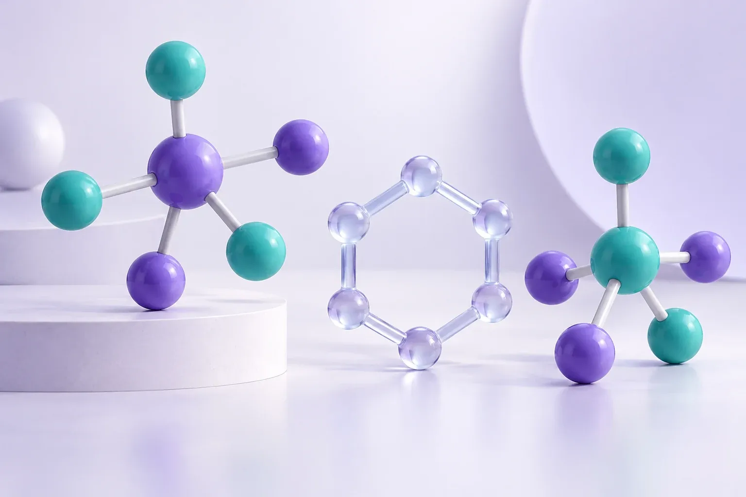 Concept illustration of unlabelled violet and teal molecular teaching models.