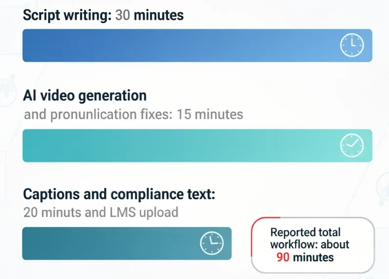 script, generation, captions, and LMS upload time for a healthcare training video update.webp