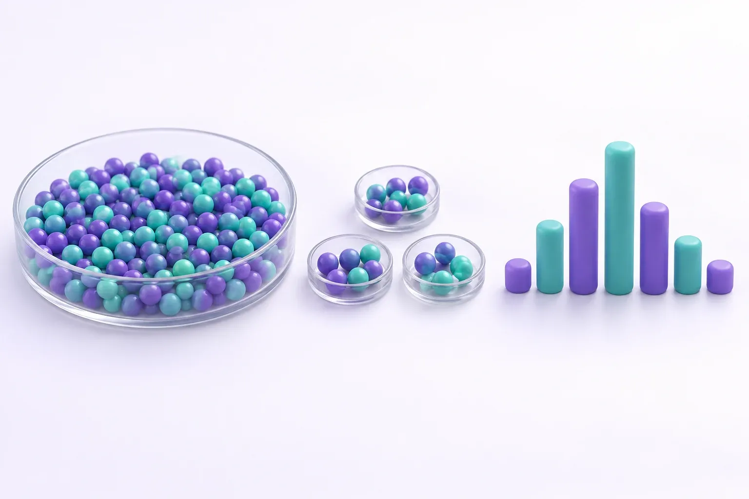 Concept illustration of a population of coloured beads, sample dishes, and a distribution-shaped group of columns.